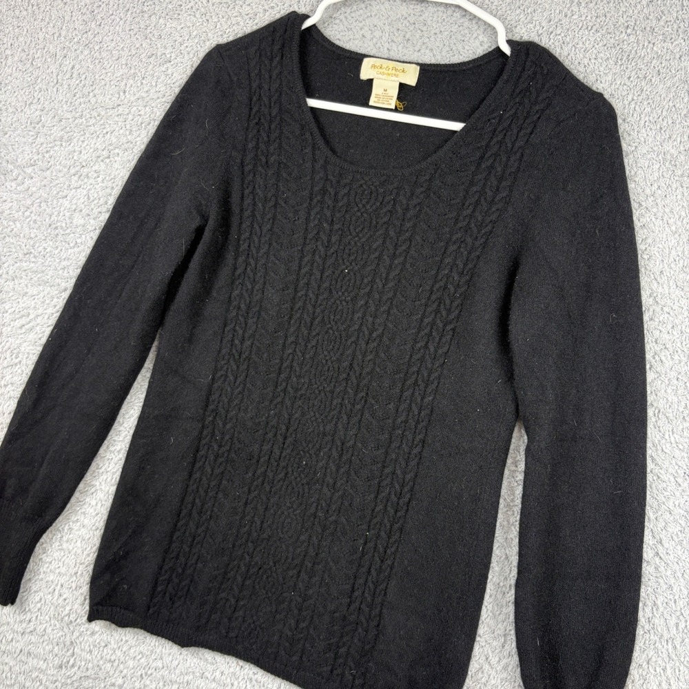 Peck & Peck Sweater Womens Medium Black Cashmere Cable Knit Scoop Neck Pullover